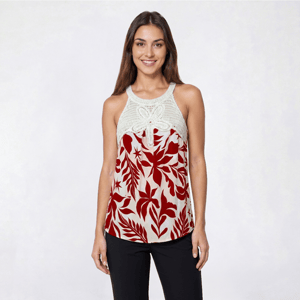 Womens Como Black High Neck Crochet Trim Tropical Leaf Tank Top
